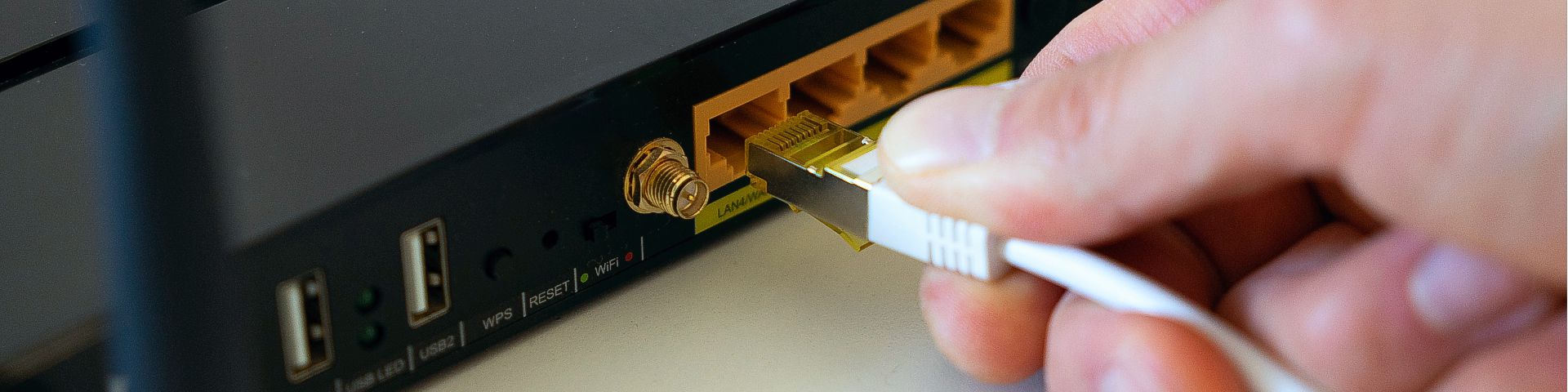 Patchkabel wird in die LAN-Buchse eines Routers gesteckt